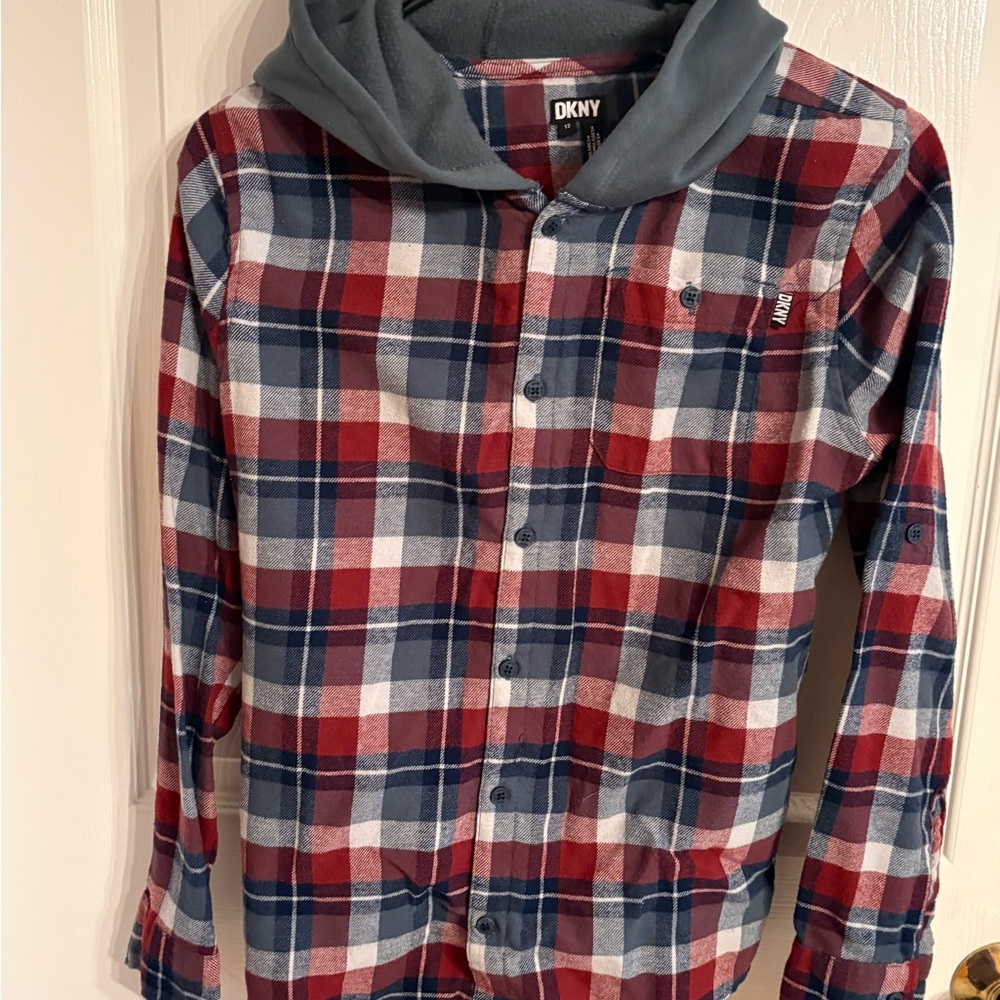 DKNY Red Navy and White Plaid Hooded Button-Up